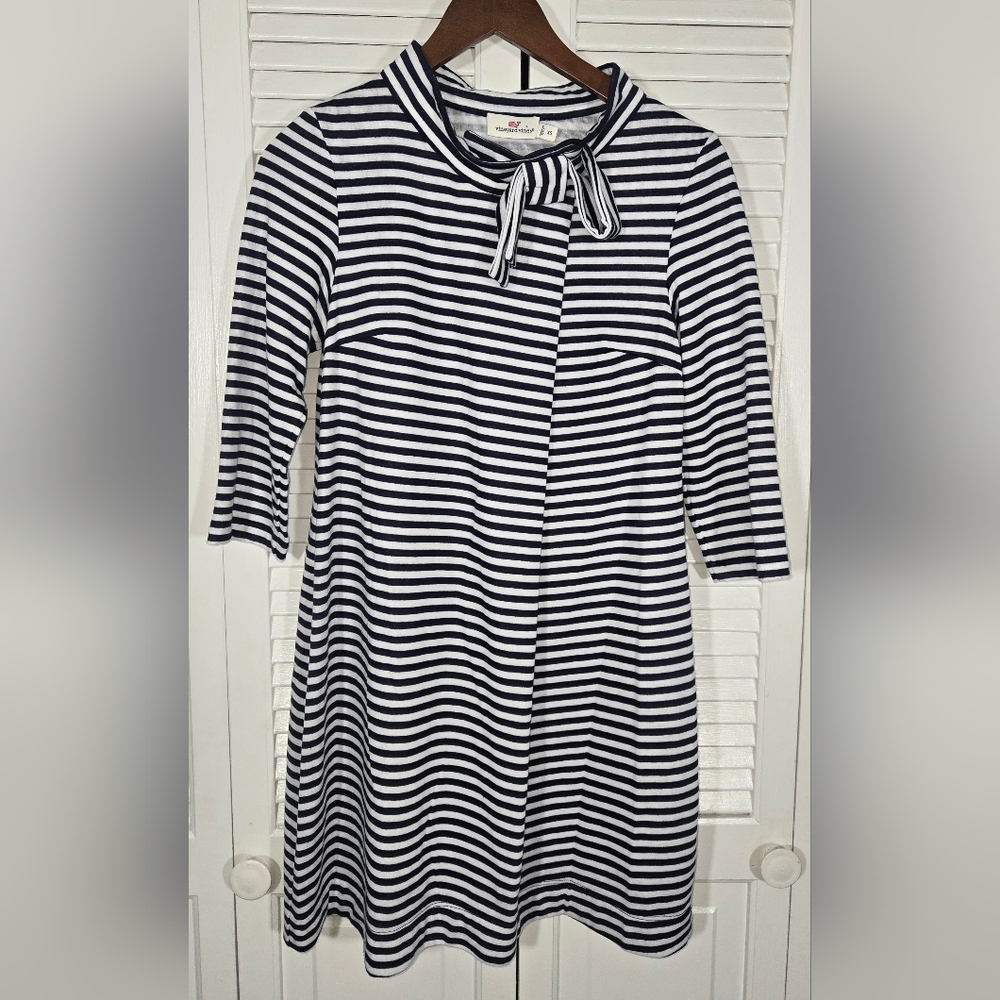 Vineyard Vines Bow Neck Detail Striped 3/4 Mini Flared Shift Dress Sz XS
